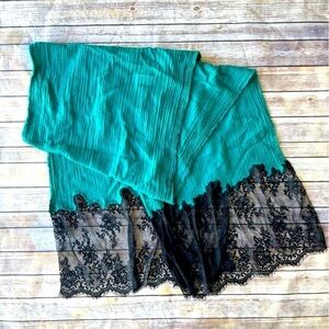 Vintage Rene Ruiz Wrap Scarf Solid Teal Green Black Trim Lace Wide Long